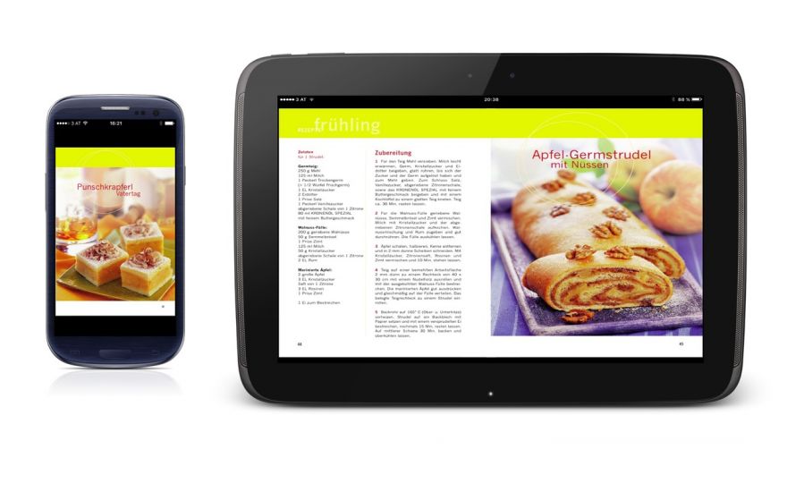 Kronenöl Backbuch App zu sehen auf Android Handy und Tablett. Ausgezeichnete Darstellung der farbenfrohen Backrezepte.